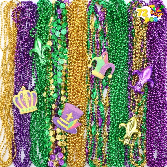 Joyfy 72 Pcs Mardi Gras Bead Necklaces, Gold Green Purple Metallic Colors Bead Necklaces Set for Mardi Gras Party Decorations, Costume Accessories Favors