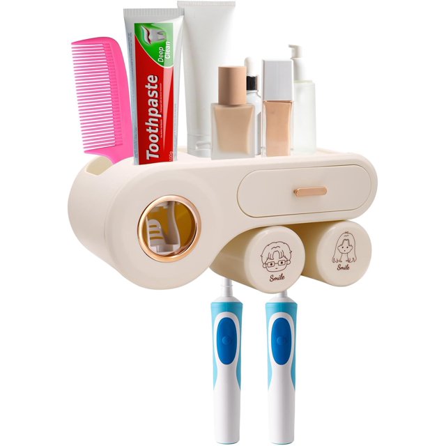 Portacepillos de dientes, portacepillos de dientes montado en la pared con dispensador automático de pasta de dientes, con 2 ranuras de almacenamiento para cepillos de dientes, 2 portavasos, portacep