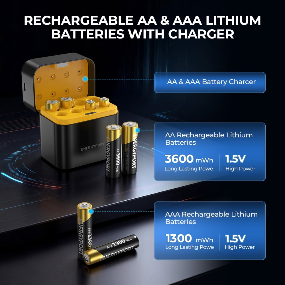 Rechargeable Batteries 4 AA & 4 AAA Lithium with Charger,  1.5V Triple A & Double A Batteries, Long Lasting Lithium Battery with Integrated Charging Storage Box