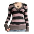 thumbnail image 3 of Douhoow Women Striped Sweater Knitted Tops V-Neck Long Sleeve Ribbed Cuffs Knitwear, 3 of 9
