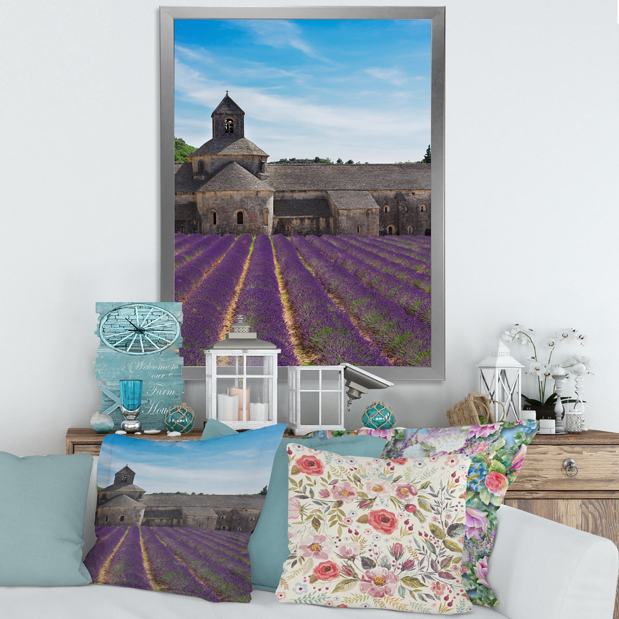 Designart 'Abbey With Lavender Field In France' Farmhouse Framed Art Print