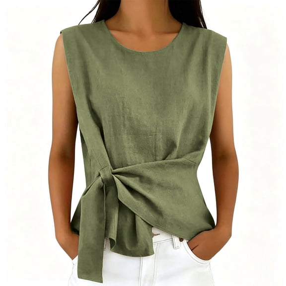 OGLCCG Cotton Linen Womens Crop Tank Tops Tie Wrap Ruched Crewneck Neck Sleeveless Shirts Casual Summer Beach Going Out Tops,Army Green