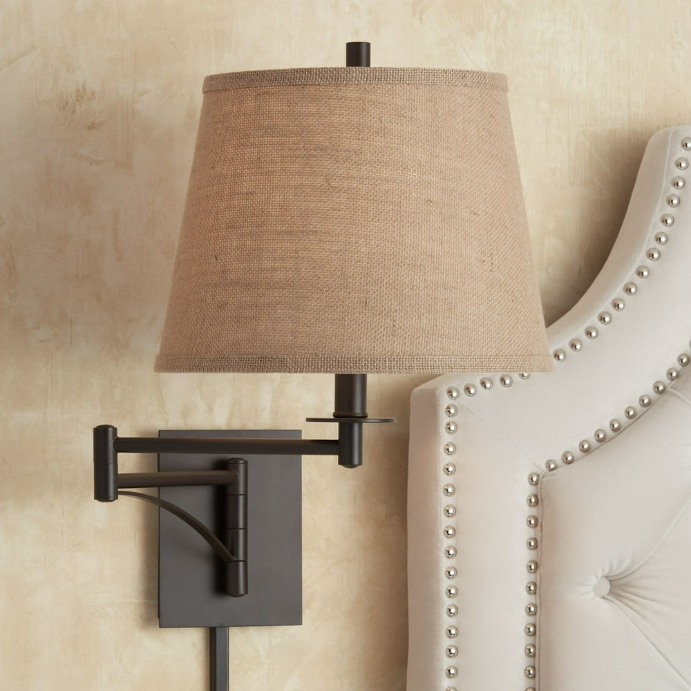Franklin Iron Works Farmhouse Swing Arm Wall Lamp Matte Brown PlugIn Light Fixture Burlap Drum
