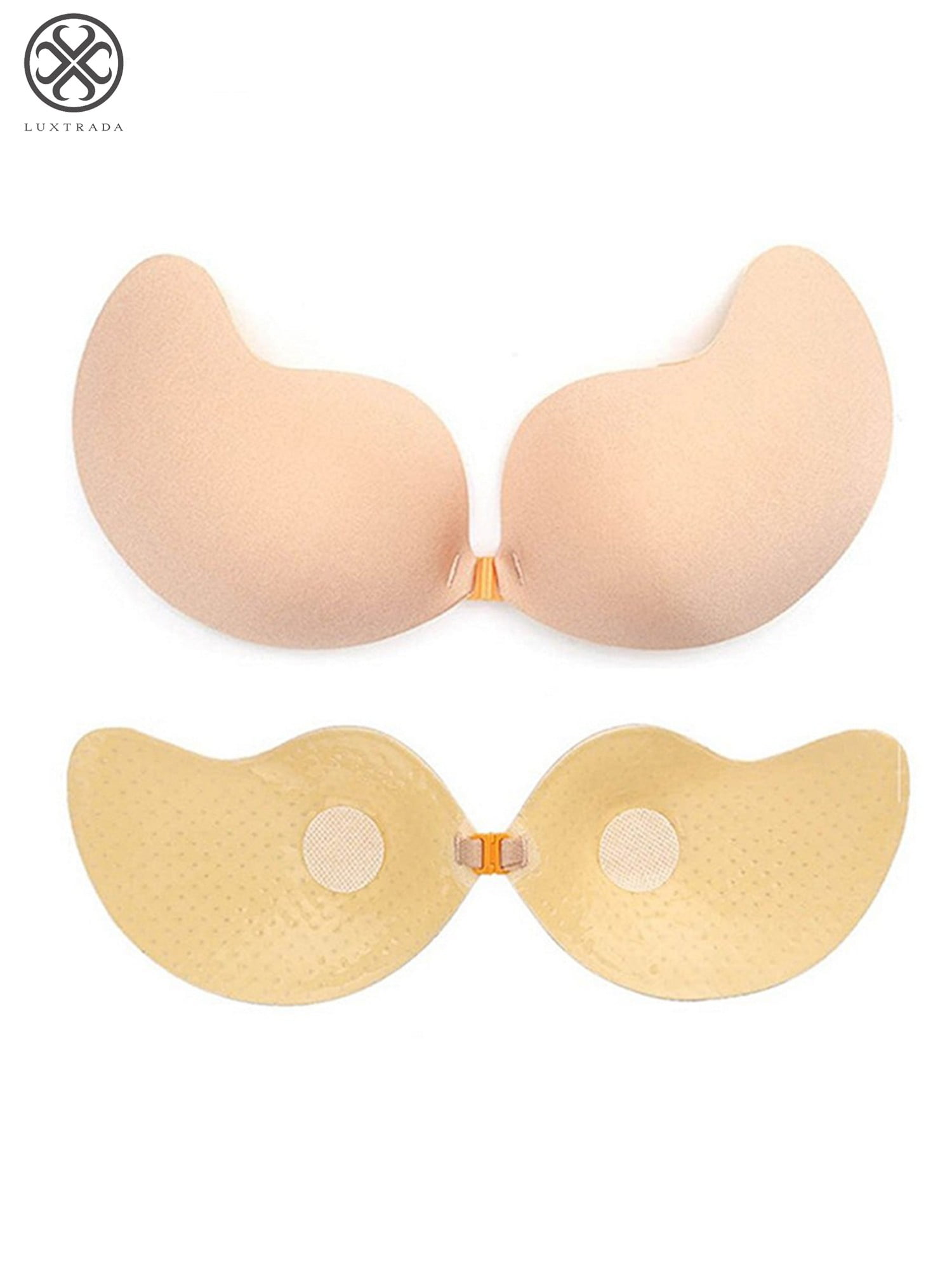 Luxtrada Strapless Sticky Bra Self Adhesive Backless Push Up Bra Reusable  Invisible Silicone Bras for Women 2pcs-Black+Skin,B Cup 