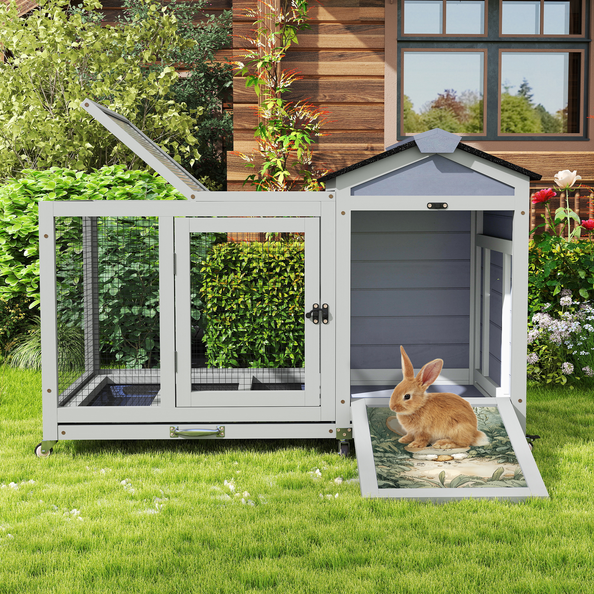 39.5inches Assembled Wood Rabbit Hutch Indoor，Wide Space Small Animal Houses Habitats with Removable Tray&Safety Lock，Bunny Cage with Waterproof Roof&Solar Panels (Grey)