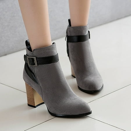 

iLUGU Fashion Pure Color Pointed Toe Zipper Boots Heels Vintage Women Boots