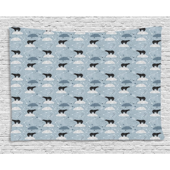 Constellation Tapestry, Polar Bear Silhouettes with Stars Doodle Style Illustration, Wall Hanging for Bedroom Living Room Dorm Decor, 80W X 60L Inches, Pale Blue Black Bluegrey, by Ambesonne