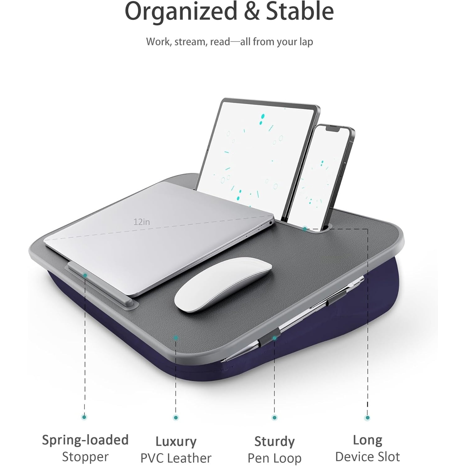 Lap Desk | Portable Laptop Desk & Stand – Fits Up to 17 inch – Washable Cushion, Built-in Phone Holder – for Bed, Couch, Sofa, Floor – Writing, Reading, Home Office – Large, Grayish Blue