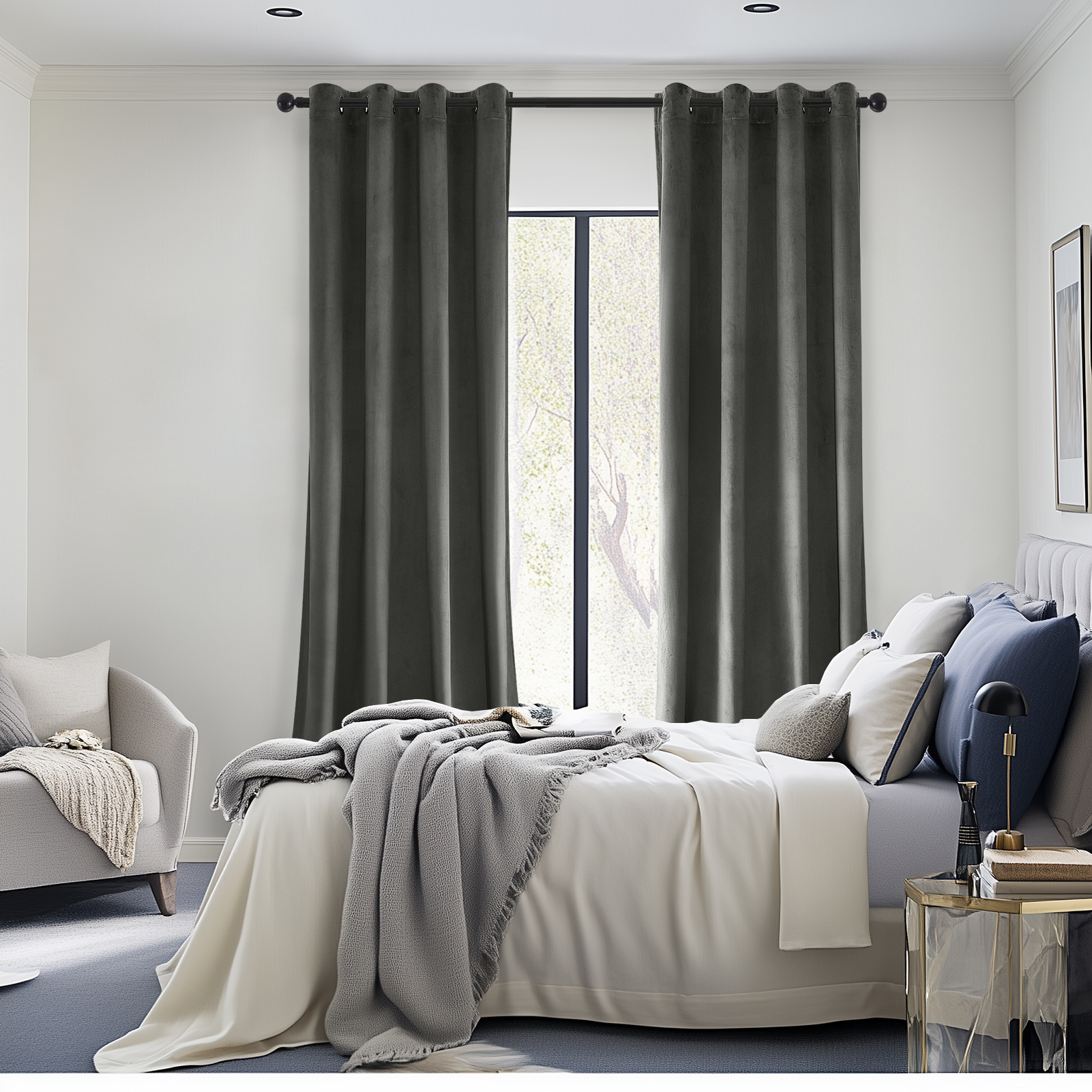 Topfinel 100% Blackout Luxury Velvet Grommet Curtains, 52 x 108 Inch, 2 Panels, Grey
