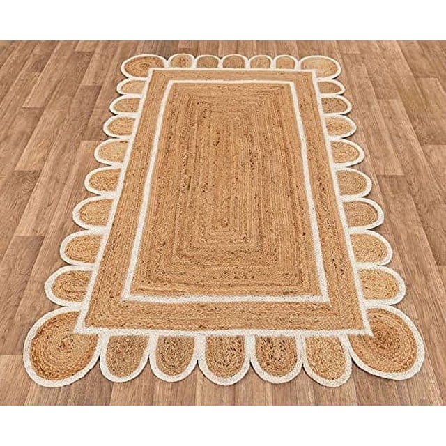 Natural Jute Scalloped Rug, Natural Jute Rug, Bohemian Scallop Rug, Boho Decor Rug, Area Rug, Handwoven Jute Rug, Custom Rug, Decorative Rug (12X15 Feet Jute Rug, Brown+White)