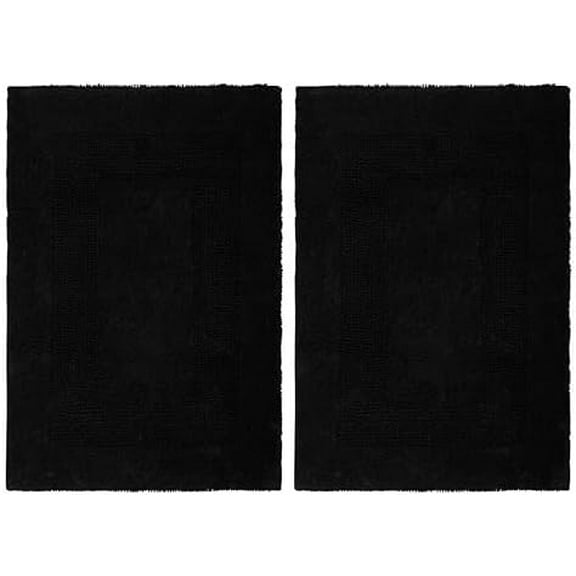 Luxurious Bath Mat Rug - Set of 2 Reversible Heavyweight Step Out Bath Mats for Bathroom Floor, Tub and Shower - Pure Cotton Soft Plush Absorbent Tufted Racetrack Mat - 17x24 inch - Black
