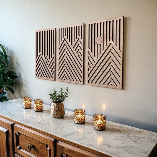 Wall Sculptures qmmp Modern Wood Set of 3 MDF Roble
