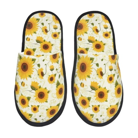 Balery European-style Pattern Sunflower A Slient Indoor Furry Fleece Comfort House Shoes Soft Non-Slip Home Shoes Cotton slippers House Slippers-- Large