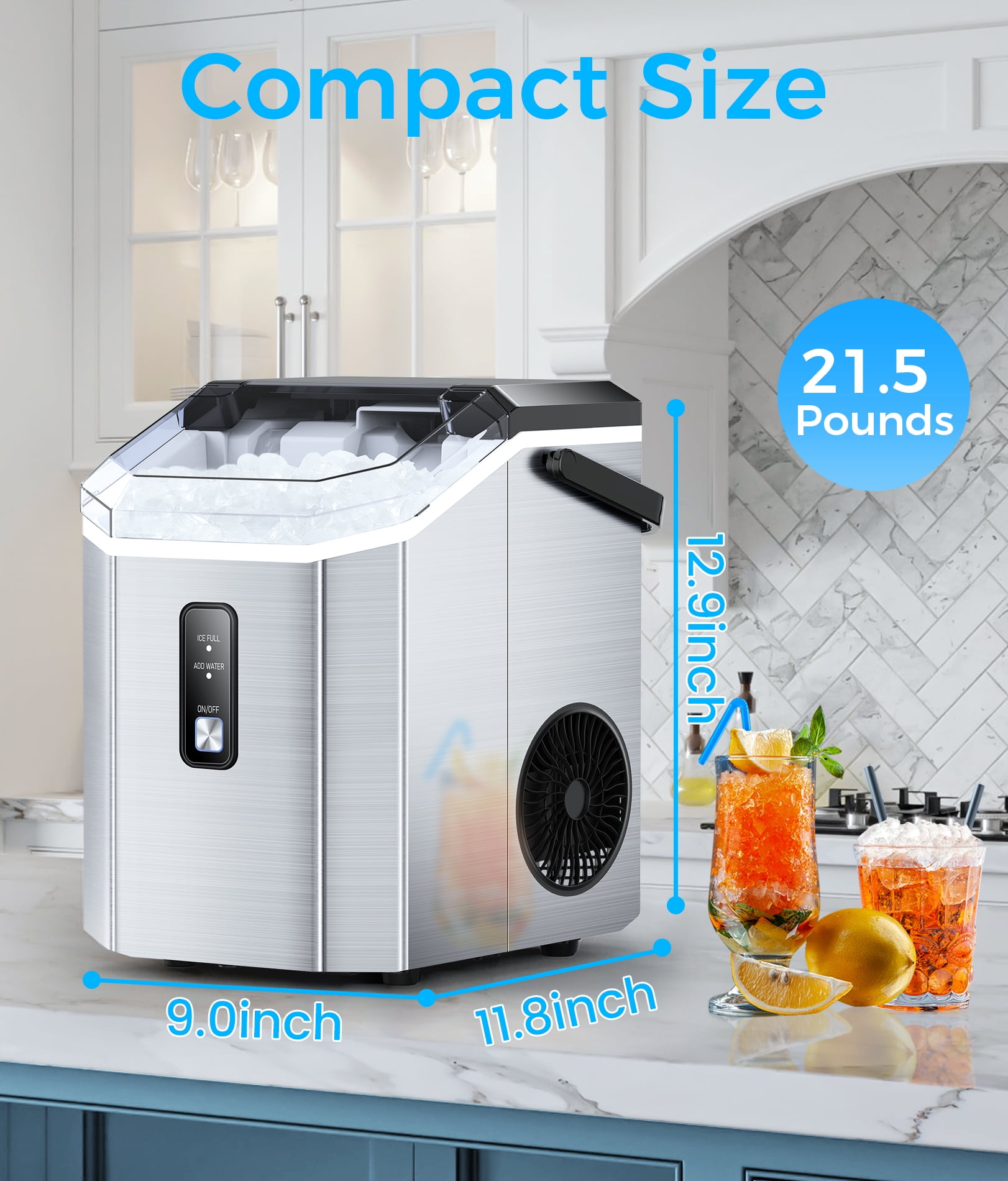 Countertop Nugget Ice Maker, Stainless Steel, 33lbs/Day, Self-Cleaning, Portable Nugget Ice Maker Machine with Handle, Scoop and Basket, Silver