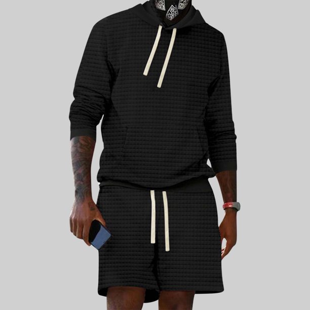 Puntoco 2 piezas moda hombre suéter con capucha blusa sin mangas sólida + pantalones con bolsillos sueltos conjuntos cortos liquidación Puntoco Puntoco-1329