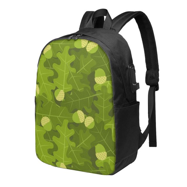YFYANG 17" Laptop Backpack, Green Oak Leaf Pattern Fashion Travel Work Backpack with USB and Headphone Cable Interface for Men and Women