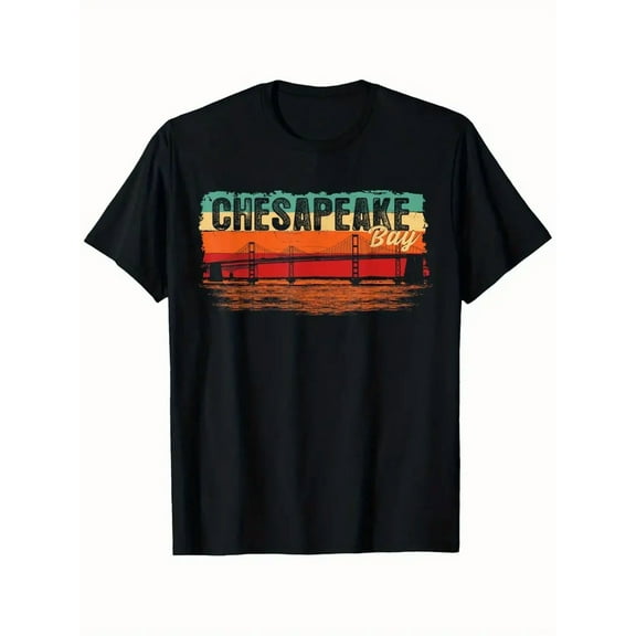 Retro Vintage Sunset Chesapeake Bay T-Shirt, Sunset Black Cotton T-Shirt for Men Women, Fashion