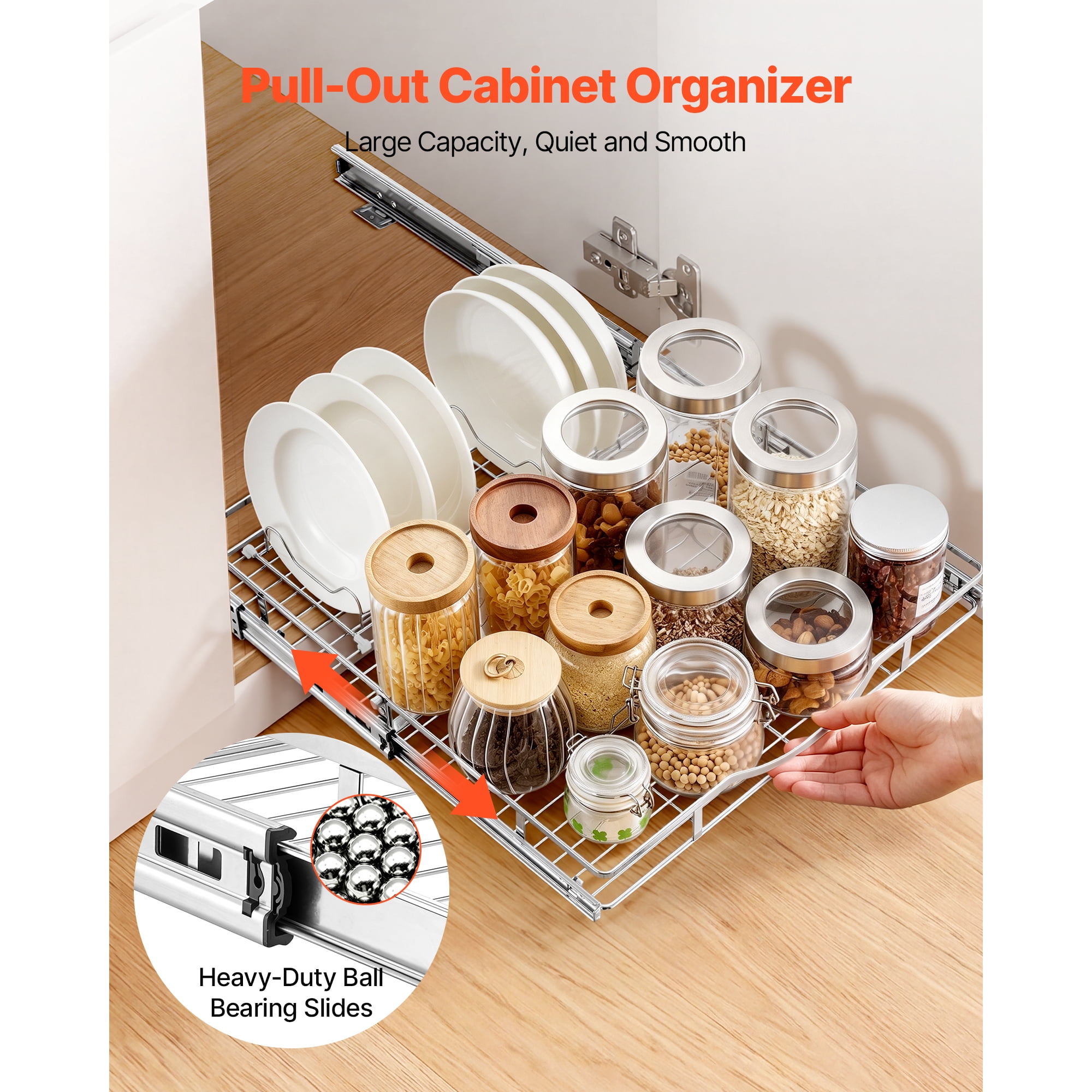 KFFKFF Pull-Out Cabinet Organizer 19.69"W x 21.06"D, Steel Sliding Drawers for Kitchen, Bathroom, Pantry, and Home Storage, Chrome-Plated Finish, Durable Sliding Shelves for Base Cabinets