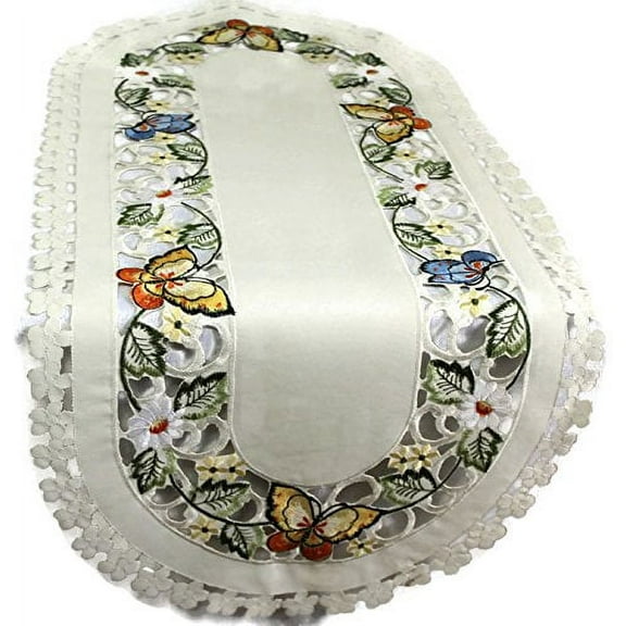 Doily Boutique Table Runner Embroidered with a Multi-Color Butterfly on Ivory Fabric, Size 70 x 15 inches