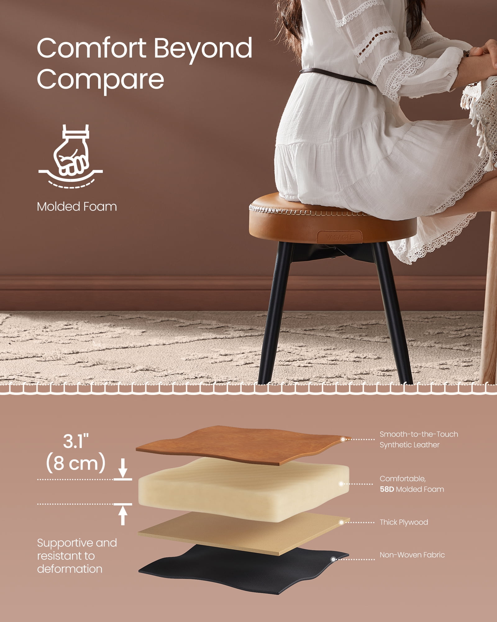VASAGLE EKHO Collection - Dining Chairs Stools Set of 2, Upholstered Kitchen Stools, Vanity Stools, Synthetic Leather with Stitching, Caramel Brown