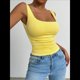 thumbnail image 5 of Camiseta Básica de Verano Sin Mangas con Cuello Cuadrado y Fruncido para Mujer. Amarillo L, 5 of 10
