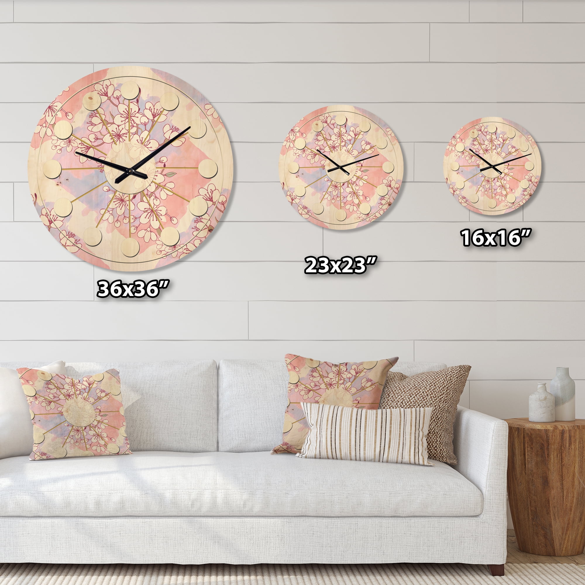 Designart 'Pink Flower Retro Pattern I' Mid-Century Modern Wood Wall Clock