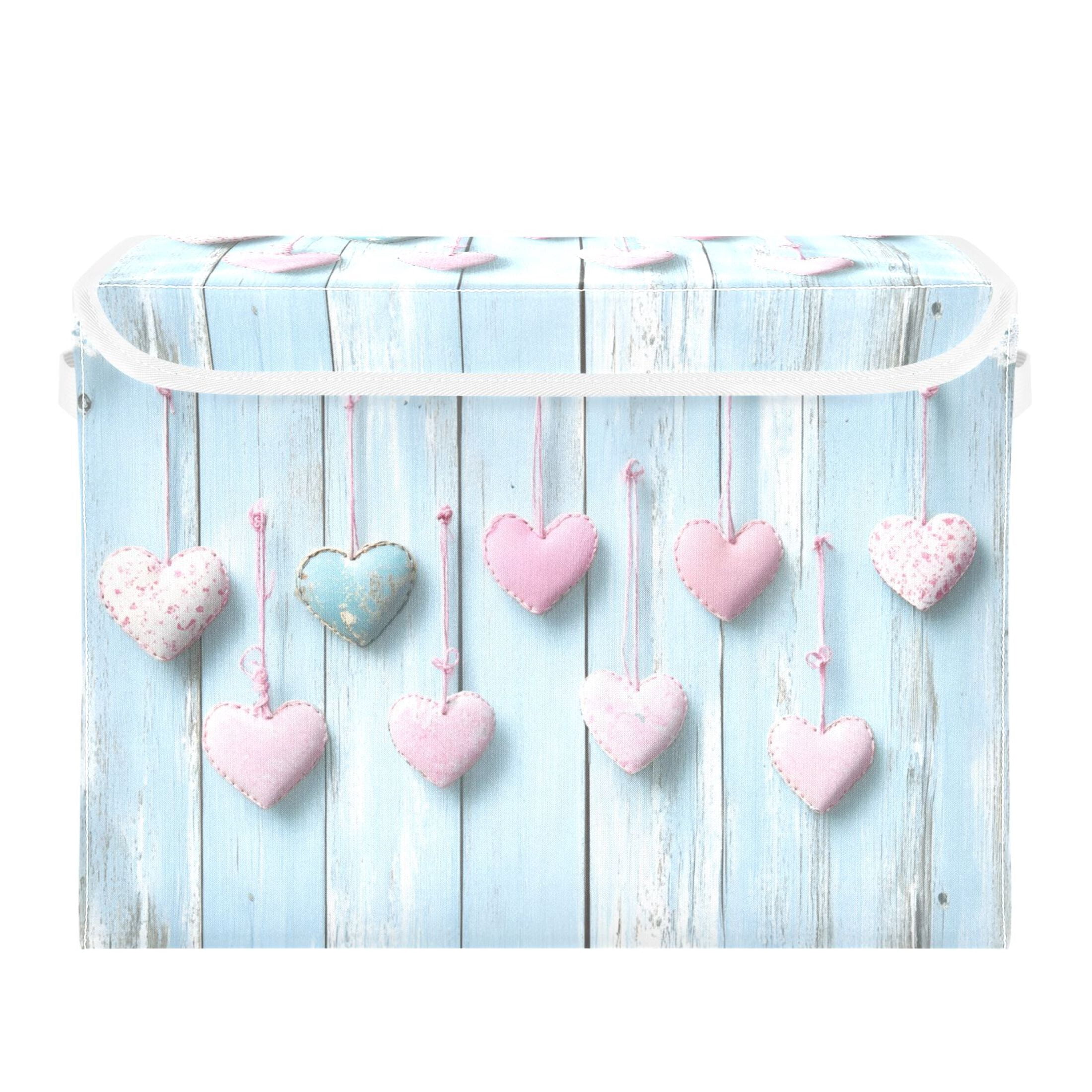 Ryvnso Pink Hearts Wooden Large Lidded Foldable Storage Baskets Cubes Boxes Lids Bin for Home