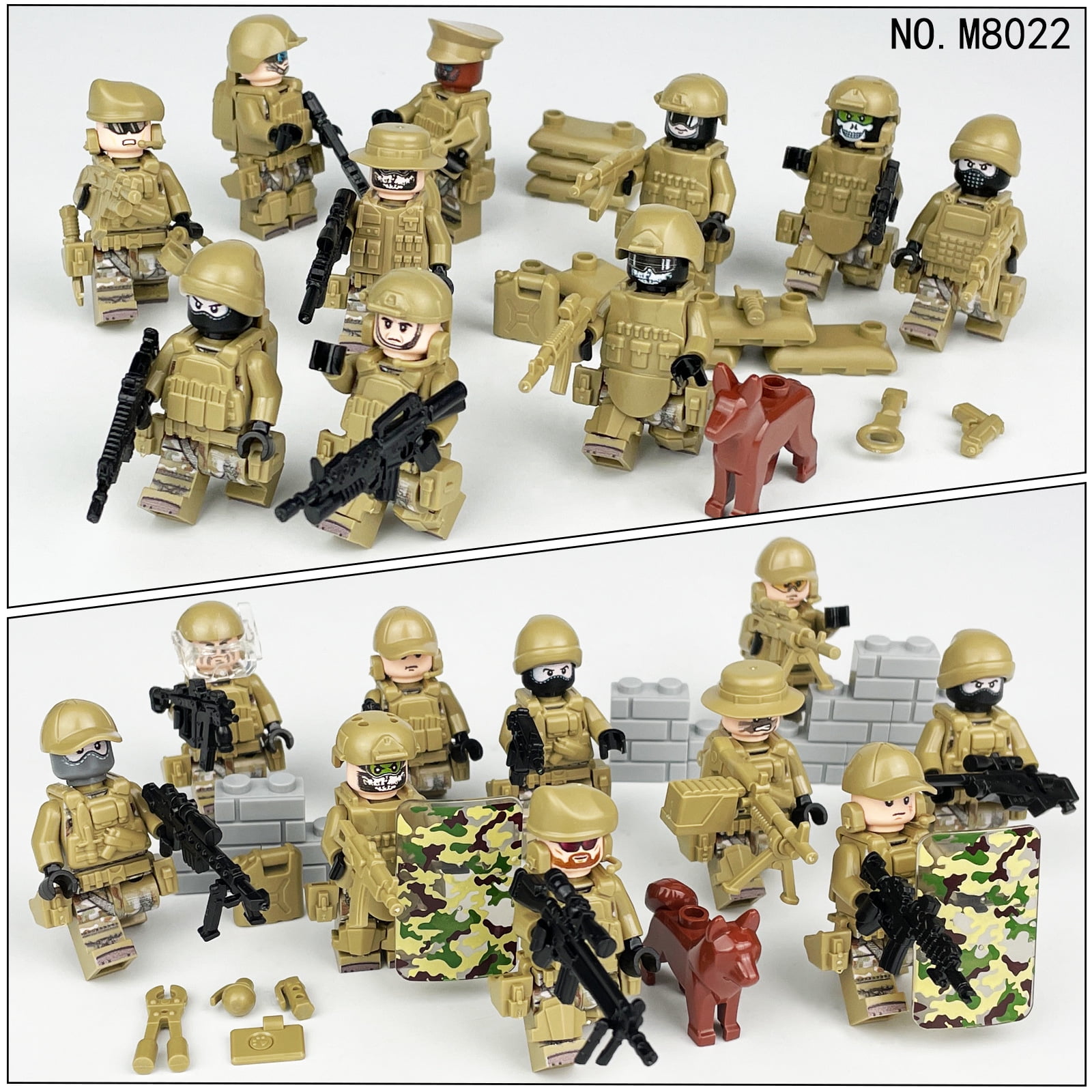 21PCS Military Army Action Figures – Desert Special Police Container Equipment Set, DIY Building Blocks Toy for Gifts & Kids