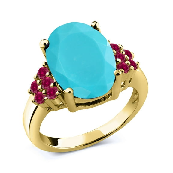 Gem Stone King 3.50 Ct Oval Green Turquoise Red Created Ruby 18K Yellow Gold Plated Silver Ring (Size 5)