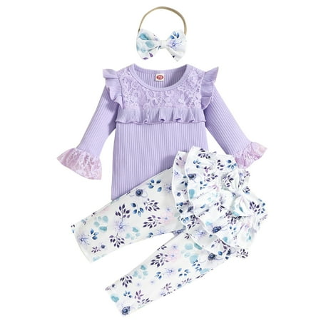 

Amuver Baby Romper Set Ribbed Lace Long Sleeve Crewneck Jumpsuit + Floral Print Ruffle Trousers + Stretch Headband