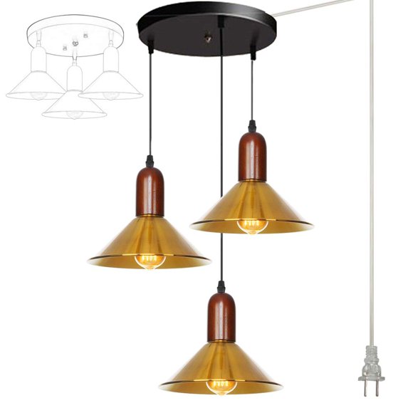 FSLiving Suspension Sans Perçage 3 Lumières Dorées avec Cordon de 15 Pieds, Lustre, Luminaires Suspendus pour Îlot de Cuisine, Galerie, Escaliers, Bar - 1 Ensemble