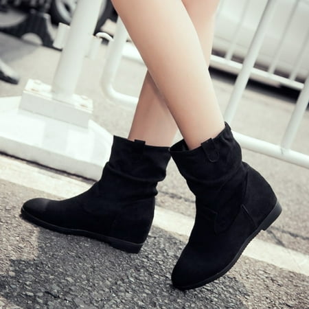 

VKEKIEO Women S Ankle Boots & Booties Round Toe High Heel Wedges Slip-On Black Winter Boots