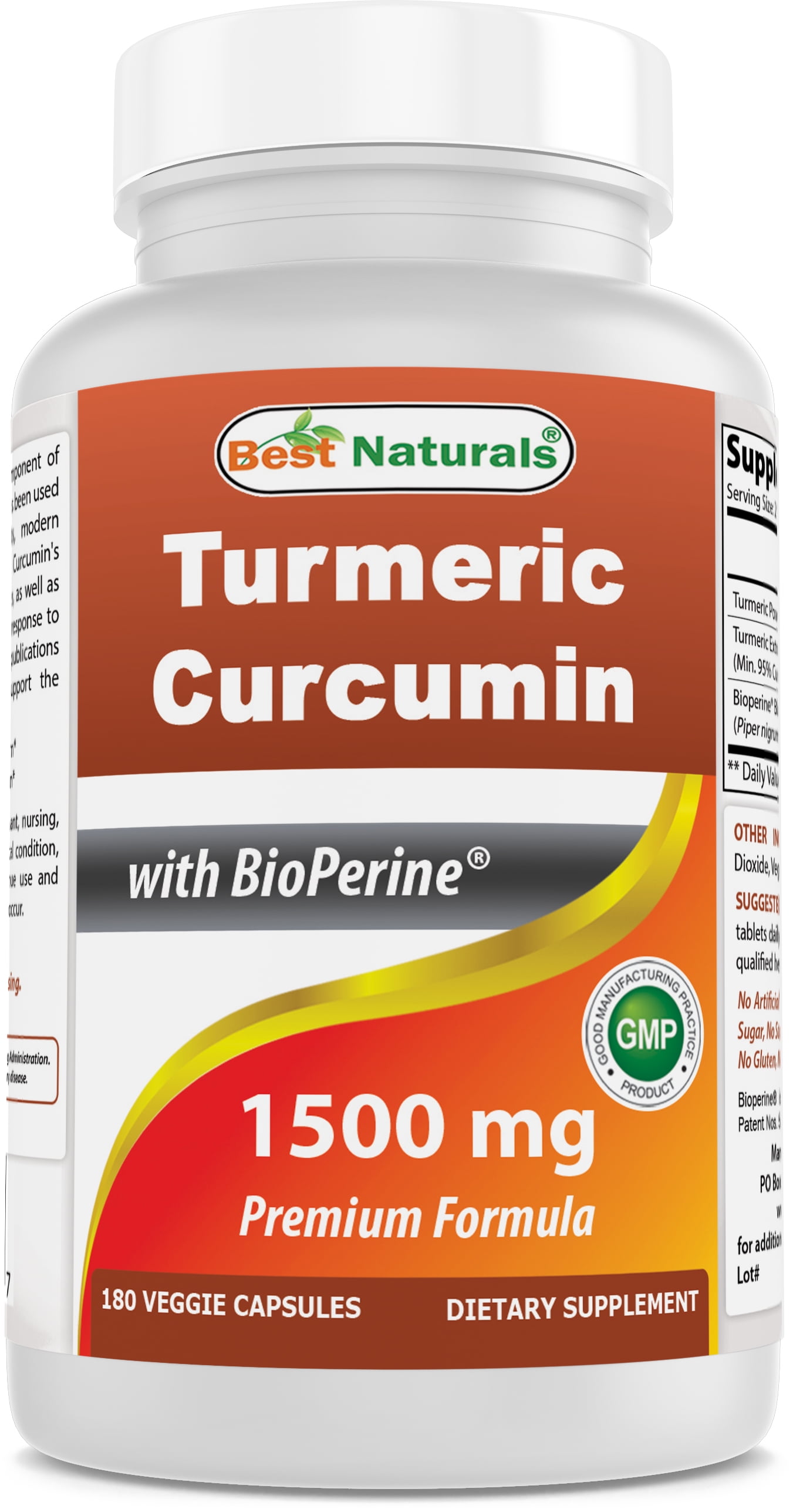 Best Naturals Turmeric Curcumin 1500mg Serving With Bioperine 180 Veggie Capsules