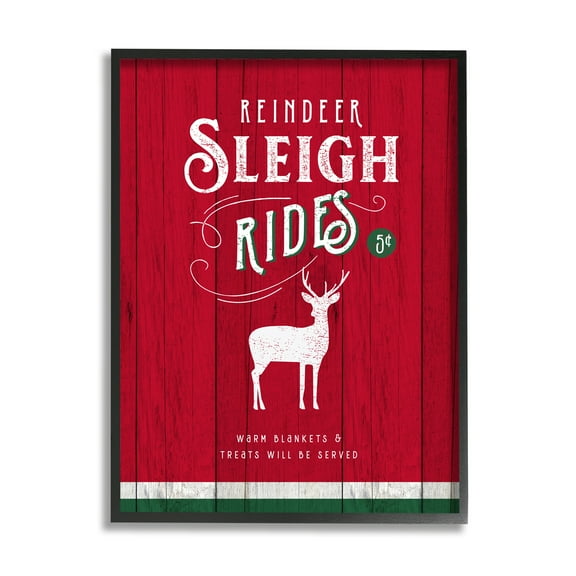 Stupell Industries Reindeer Sleigh Rides Christmas Advertisement Red Green Holiday Painting Black Framed Art Print Wall Art, 11 x 14
