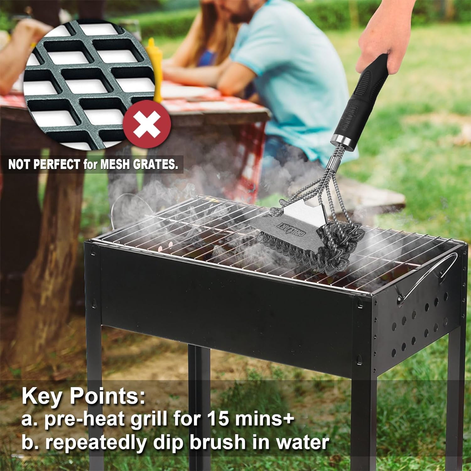CUKIXA 3-Head Stainless Steel Grill Brush and Scraper, Bristle-Free BBQ Grill Cleaner Tool with 18" Handle, 6.1" Scraper for Porcelain, Weber Gas & Charcoal Grills (0.94lb)