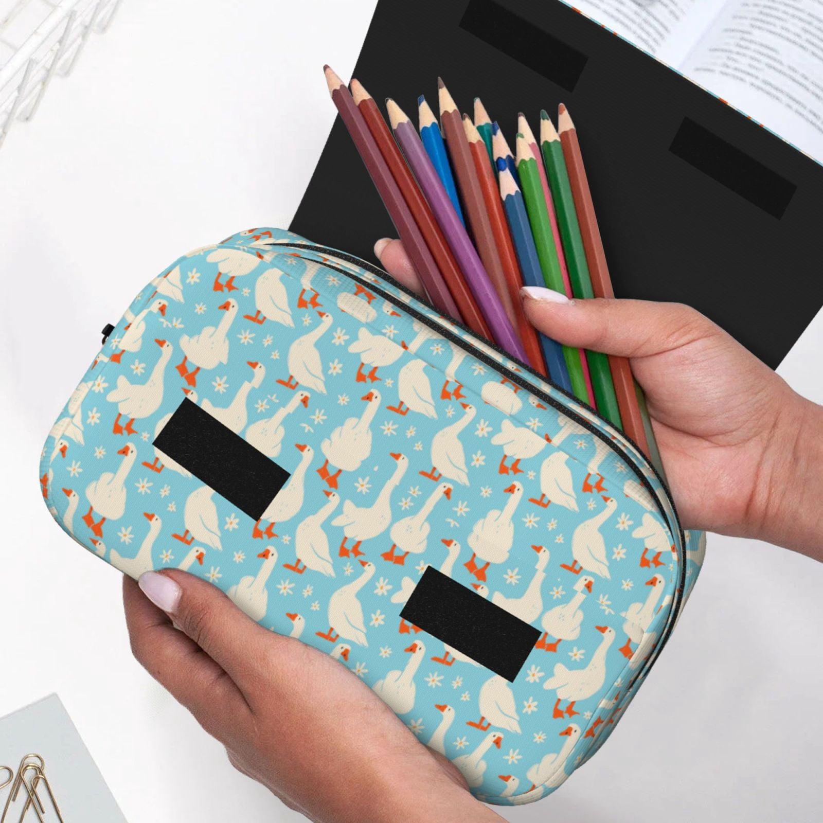 Rateoe White Geese and Flower Pattern Double Clamshell Pen Case, Storage Organizer with Two Zipper Compartments– Holds Up to 50 Pencils & Pens