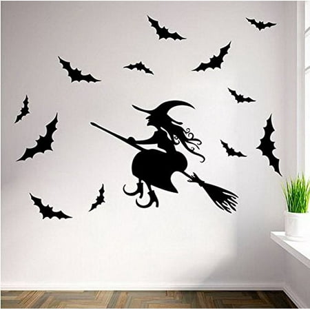 Decal ~ Flying Witch and Bats ~ HALLOWEEN: WALL OR WINDOW DECAL, Witch and 12 Bats: These are not window clings... they will not leave a sticky residue