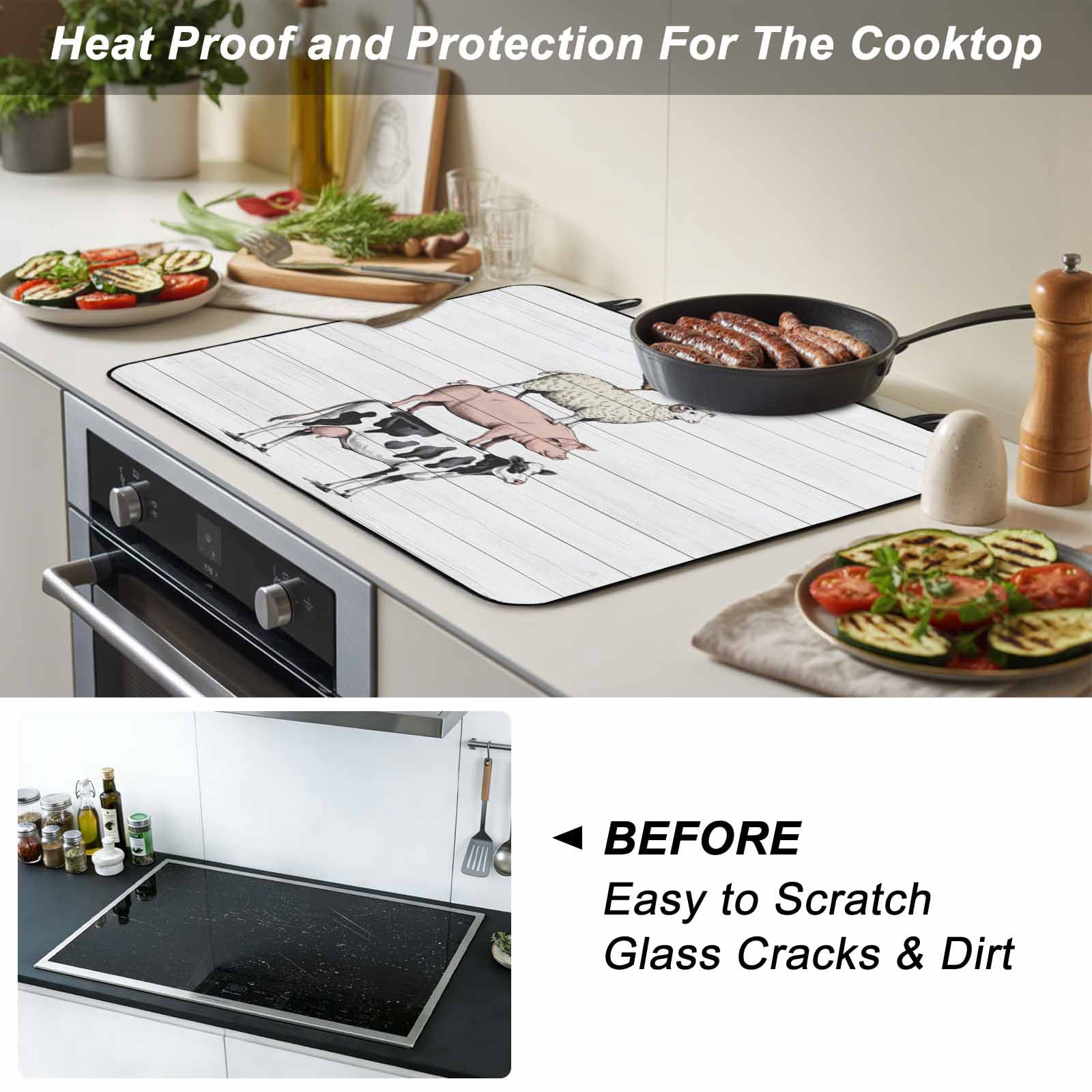 Farmhouse Wooden Grain Stove Top Cover for Electric Stove, Heat-proof & Non Slip Glass Top Stove Cover Protector, Modern Country Cow Pig Chicken Kitchen Flat Cooktop Rubber Mat 36x21 Inches