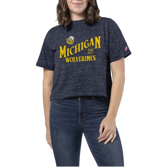 Women's Heather Navy Michigan Wolverines Intramural Midi Tri-Blend Cropped T-Shirt