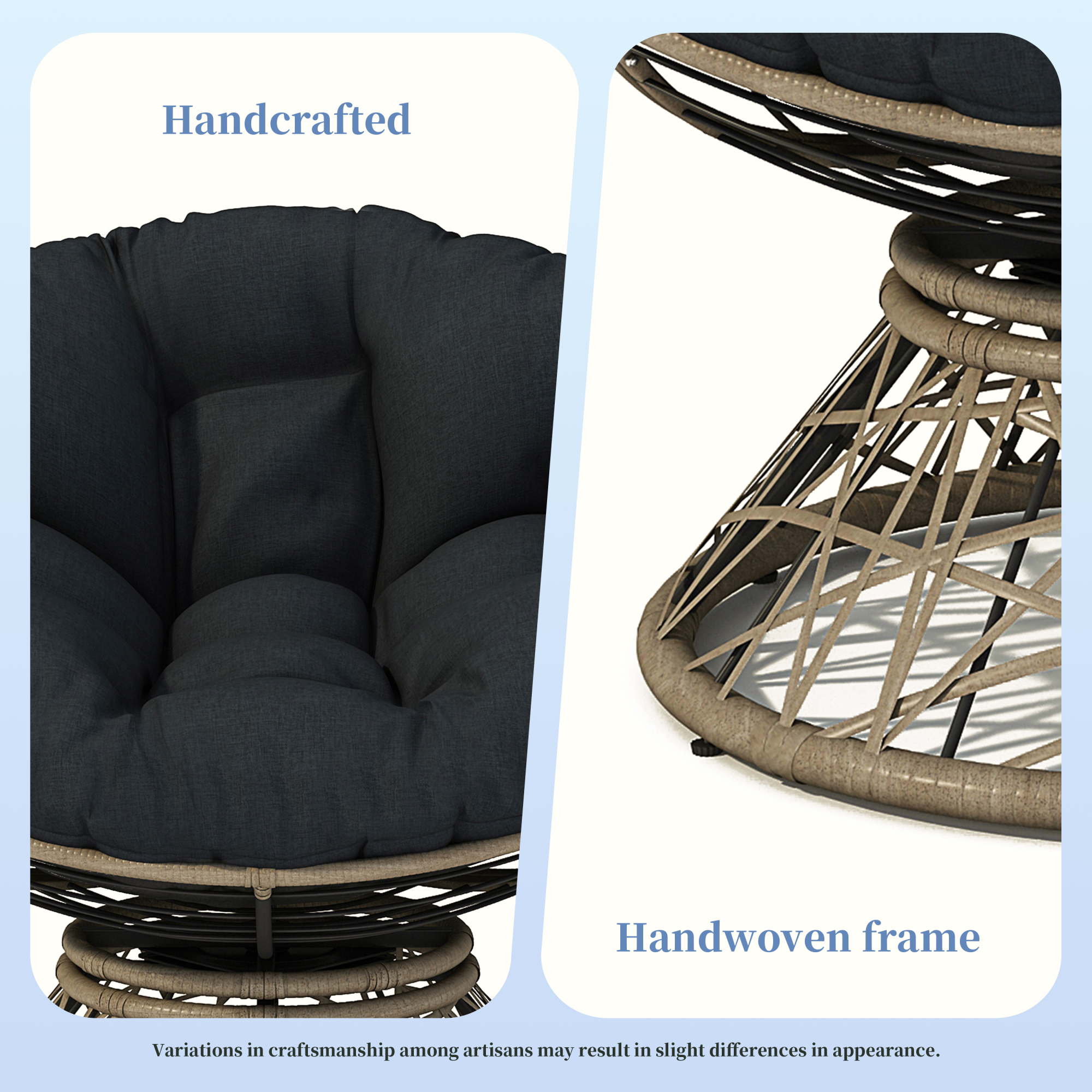 Leumius 40" Papasan Chair, Ergonomic Wicker Chair with Cloud Thick Density Fabric Cushion, Fluid 360 Degree Swivel for Reading,Living Room, Bedroom,Lounge,Gray Base, Black+Brown
