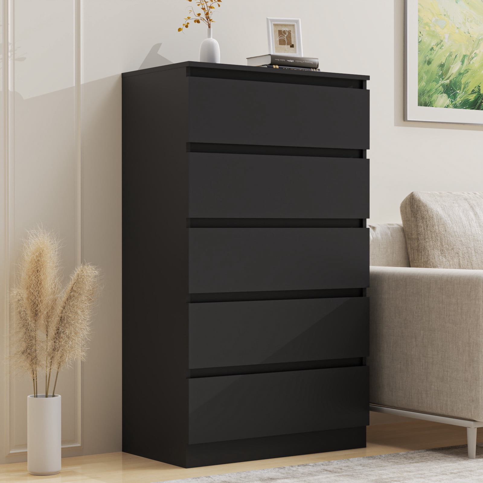 Hommpa Dresser for Bedroom, 48"H Black Dresser for Closet, 5 Drawers Tall Wooden Modern Storage Chests of Drawers for Women, Living Room Furniture 27.5"L X 15.7"W X 48"H