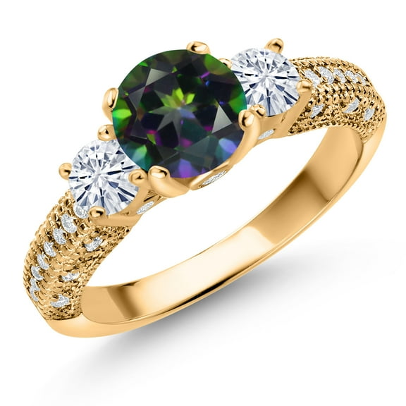 Gem Stone King 18K Yellow Gold Plated Silver Green Mystic Topaz and White Moissanite Engagement Ring for Women (1.84 Cttw, Gemstone, Round 7MM and 4MM, Size 6)