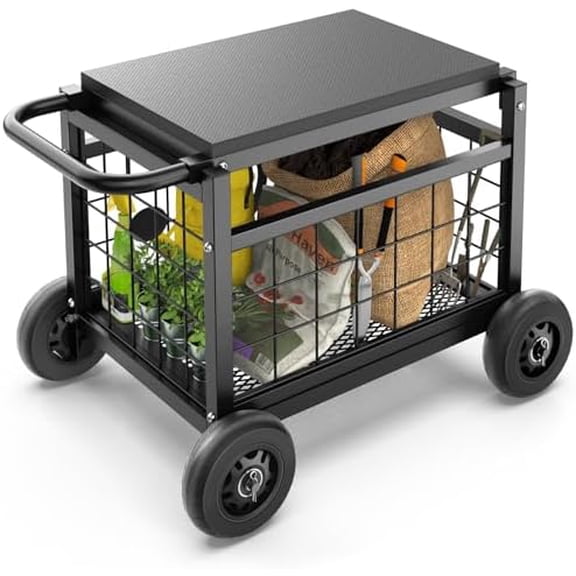 Rolling Garden Work Seat with Wheels, Heavy Duty Garden Cart with Seat - Metal Rolling Garden Stool, Upgraded Gardening Cart for Seniors, Outdoor Wagon for Lawn, Patio Gardening, Black