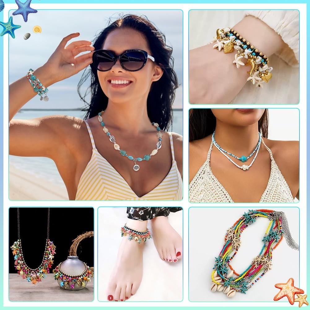 Surfer Wave Boho Bracelet Making Kit 710pcs Blue Beads Bracelet Kit Turquoise Turtle Starfish Beads Ocean Seashell Charms with Cords