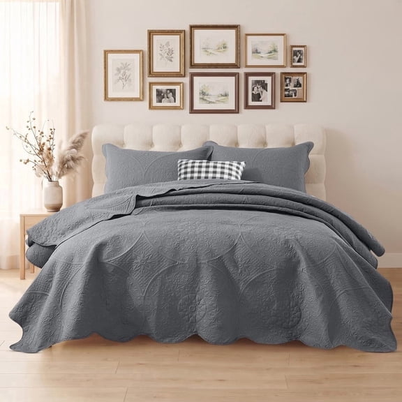IR Imperial Rooms 3 Piece Quilt Set Microfiber Embossed Floral Bedspread Lightweight Bedding Queen Grey