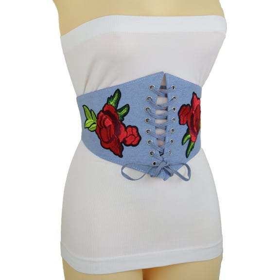 Women Light Blue Denim High Waist Corset Stretch Belt Red Flowers S M