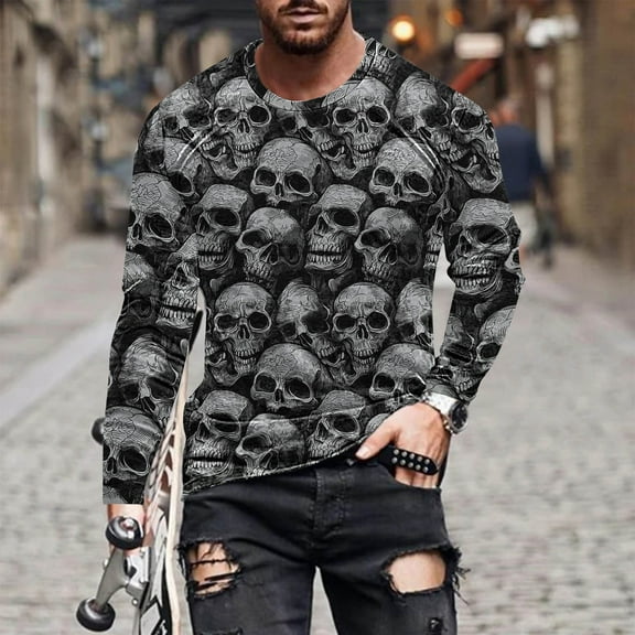 Dolkfu Mens Shirts Fall Funny Printed Graphic Tees Crew Neck Long Sleeve T-Shirts Mens Trendy Tops,L