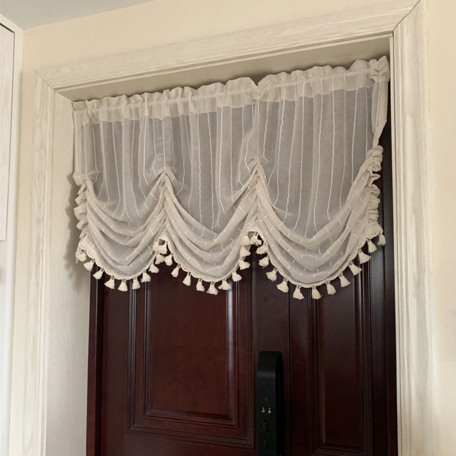 Linen Balloon Kitchen Curtain Tie Up Sheer Curtain Tiers for Cafe Windows Rod Pocket Light Filtering Voile Window Valance for Bedroom Living Room