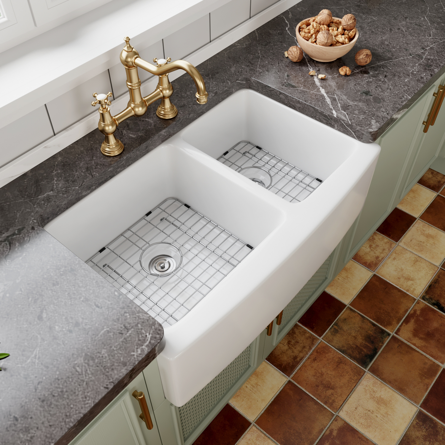 DeerValley 33" Double Bowl Farmhouse Apron Kitchen Sink – Undermount, White Ceramic With Grid & Strainer