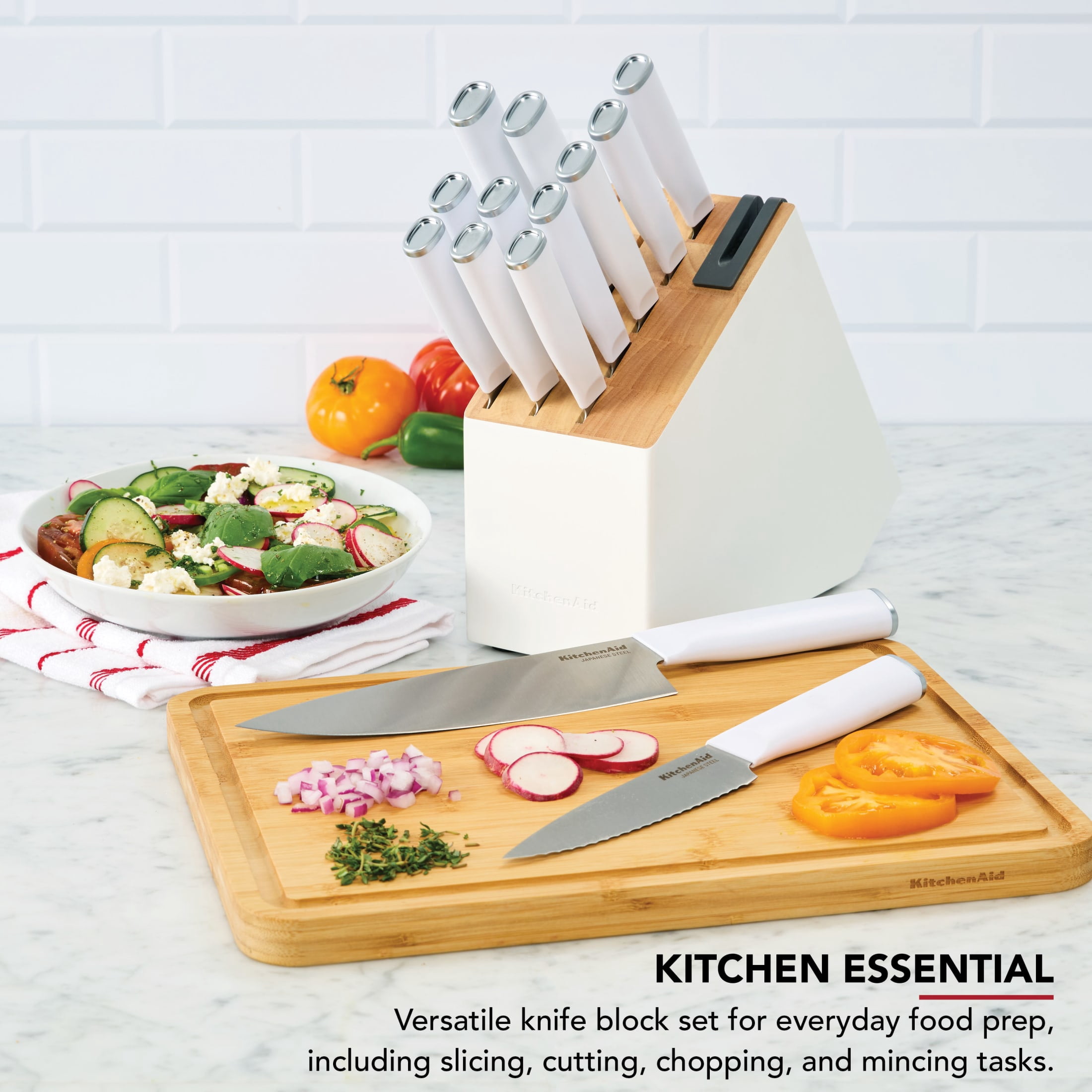 KitchenAid 14-Piece Slim Knife Block Set with Sharpener, High-Carbon Stainless Steel, White